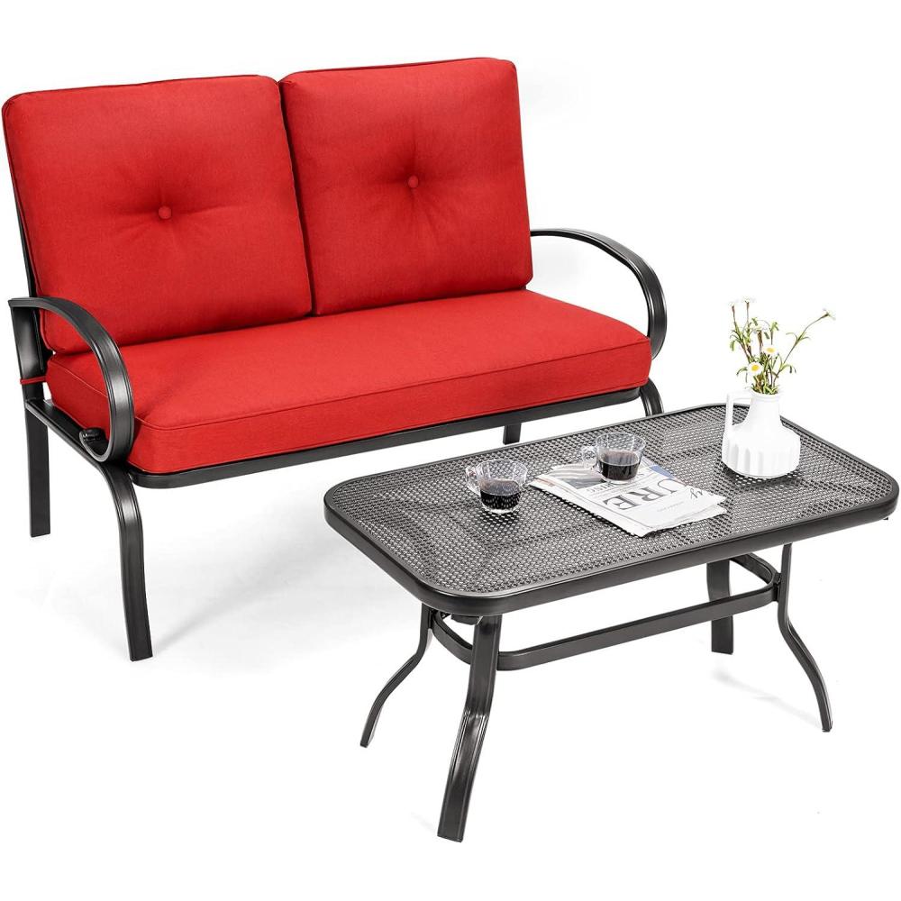 image:imageGiantex Patio Loveseat with Coffee Table Outdoor Bench with Cushion and Metal Frame Loveseat Porch Furniture Set Sofa for Garden Yard Patio or Poolside Light Beige amp BlackRed  Black