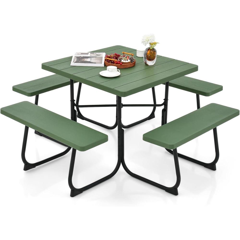 image:imageGiantex Picnic Table Set for Up to 8 Persons Round Outdoor Table and Bench Set with Umbrella Hole HDPE Top amp Metal Frame 2000LBS Capacity Patio Table Bench for Deck Backyard Garden GreenGreen