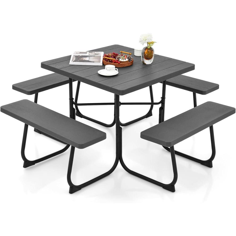 image:imageGiantex Picnic Table Set for Up to 8 Persons Round Outdoor Table and Bench Set with Umbrella Hole HDPE Top amp Metal Frame 2000LBS Capacity Patio Table Bench for Deck Backyard Garden GreenBlack