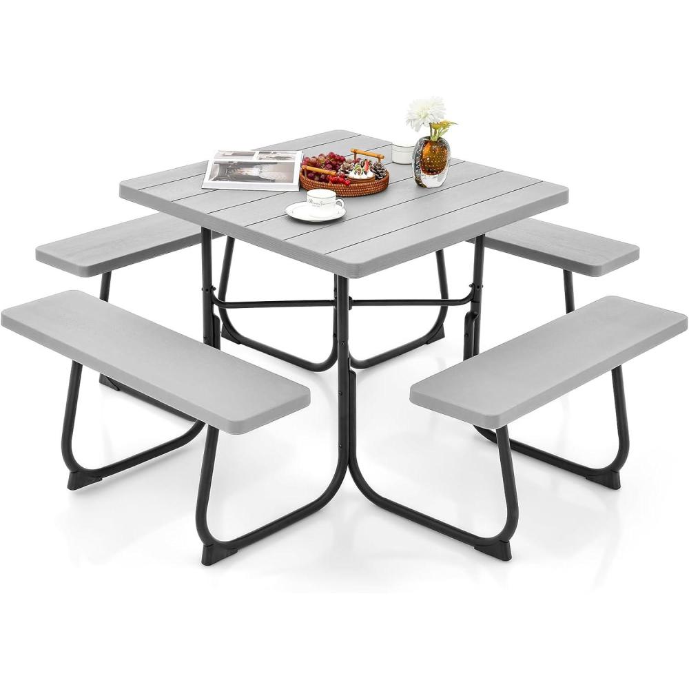image:imageGiantex Picnic Table Set for Up to 8 Persons Round Outdoor Table and Bench Set with Umbrella Hole HDPE Top amp Metal Frame 2000LBS Capacity Patio Table Bench for Deck Backyard Garden GreenGrey