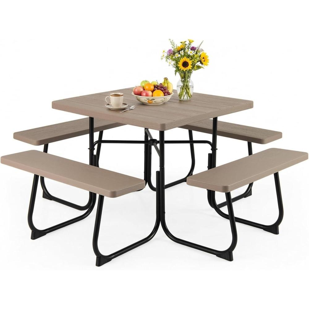image:imageGiantex Picnic Table Set for Up to 8 Persons Round Outdoor Table and Bench Set with Umbrella Hole HDPE Top amp Metal Frame 2000LBS Capacity Patio Table Bench for Deck Backyard Garden GreenCoral Reef