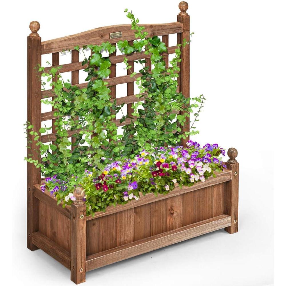 image:imageGiantex Raised Garden Bed Set 2 wTrellis Drainage Hole 39x14x40 Wood Elevated Planter Box for Climbing Vine Flower Herb Vegetable Fruit Planting Container for Indoor Outdoor Patio BalconyBrown