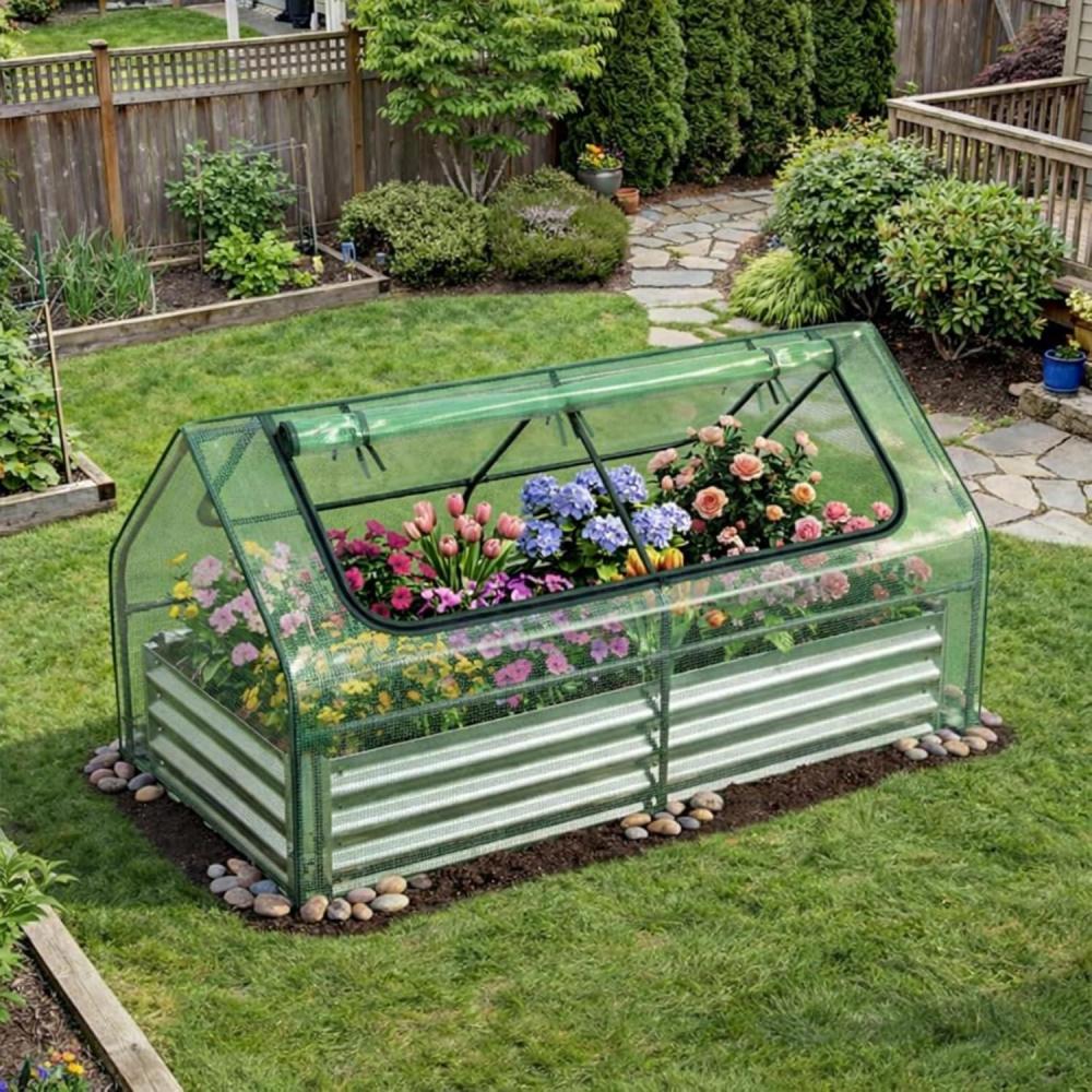 image:imageGiantex Raised Garden Bed wGreenhouse Cover Outdoor Oval Metal Steel Planter Box wRollup Window Clear PVC Mini Greenhouse for Vegetables Flowers Herbs Outdoor Patio Gardening 6x2x1 FT BlackGreen