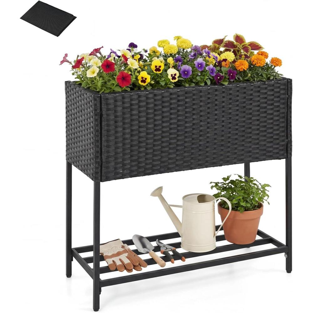 image:imageGiantex Raised Garden Bed with Legs 40 x 12 Rattan Elevated Planter Box wStorage Shelf Removable Liner Drainage Gaps for Vegetables Flowers amp Herbs Outdoor Planting Stand for Backyard PatioBlack