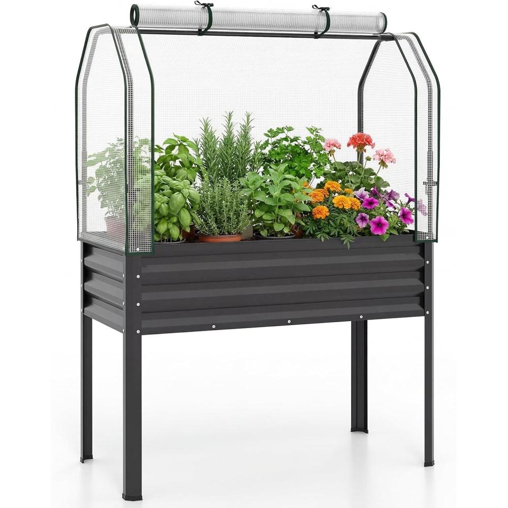 image:imageGiantex Raised Garden Bed with Legs amp Greenhouse Cover 44x22x60 Elevated Metal Planter Box with Rollup Door Outdoor Mini Greenhouse for Vegetable Flower Herb Patio Balcony Black2Black