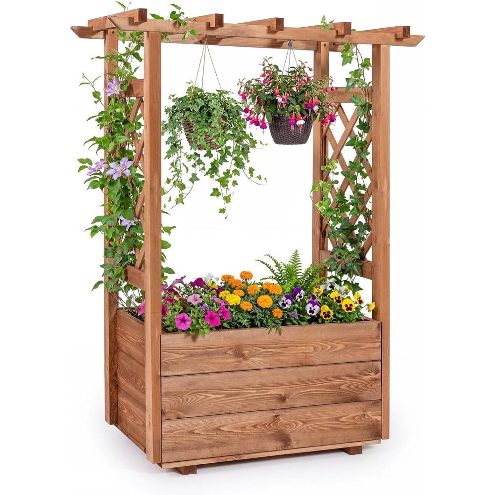 image:imageGiantex Raised Garden Bed with Sided Trellis amp Roof Set 2 31x16x41 Wood Elevated Planter Box Freestanding Garden Planter Raised Bed for Flowers Herbs Climbing VinesBrownBrown