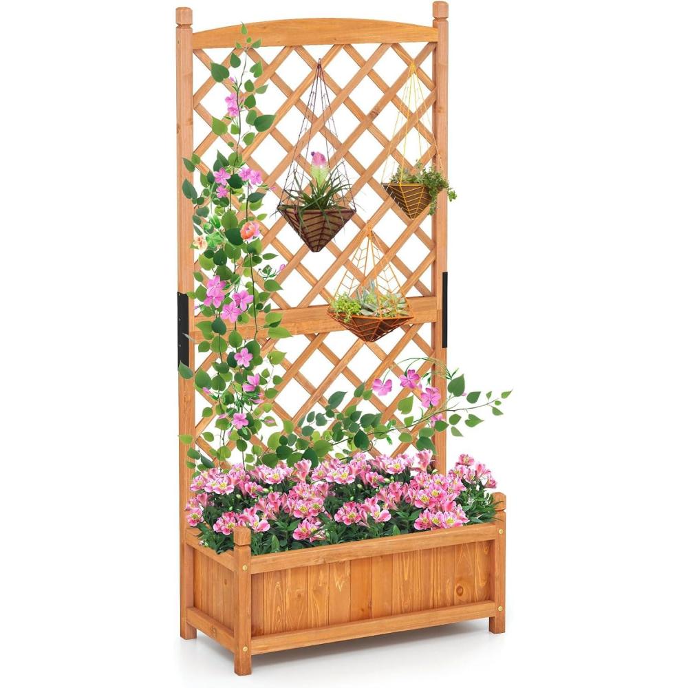 image:imageGiantex Raised Garden Bed with Trellis 2 Pack 72 Wooden Planter Box Outdoor wPrivacy Screen Roof Large Vertical Garden Planter wDrainage Holes for Climbing Plants Patio Balcony BackyardOrange