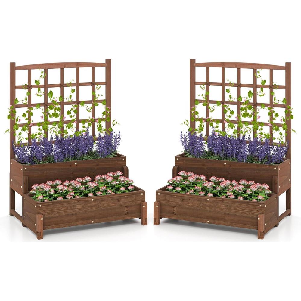 image:imageGiantex Raised Garden Bed with Trellis 2Tier Standing Planter Box with Legs and Drain Holes Outdoor Elevated Garden Trellis for Vine Climbing Flower Vegetable Fruit Herb Growing Coffee Brown2