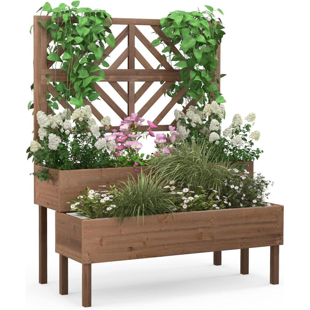 image:imageGiantex Raised Garden Bed with Trellis 2Tier Wooden Planter Box with Legs and Drain Holes Garden Trellis for Vine Fruit Vegetable Flower Herb Outdoor Elevated Garden Bed BrownBrown