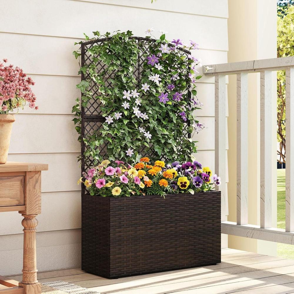 image:imageGiantex Raised Garden Bed with Trellis 58 Tall PE Rattan Planter Box wLiner amp Drainage Metal Frame Privacy Screen for Vertical Climbing Plants Vegetables amp Flowers Patio Balcony GardeningBrown