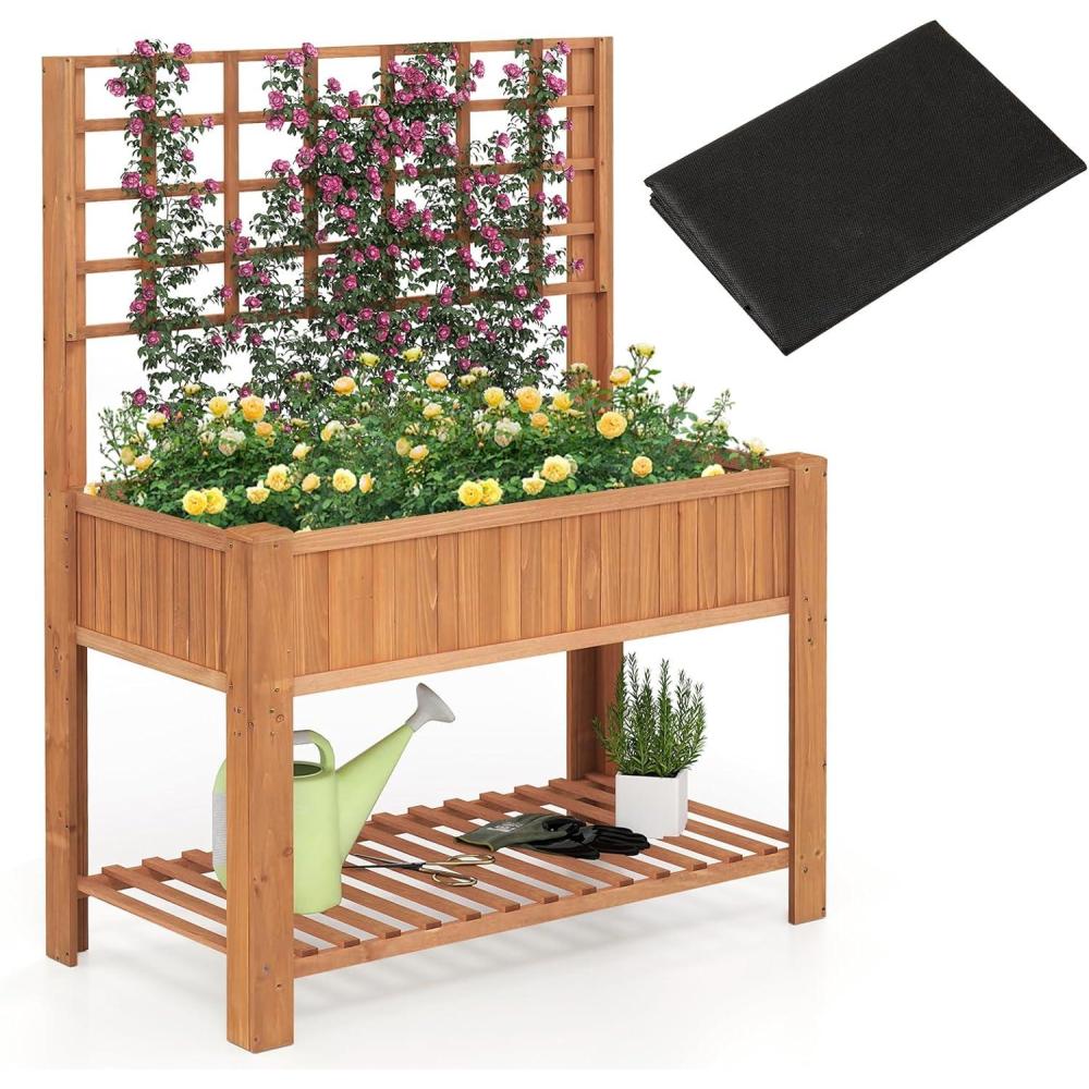image:imageGiantex Raised Garden Bed with Trellis Wooden Elevated Planter Box with Legs Drainage Holes for Climbing Plants Vines Vegetables Flowers Herbs Outdoor Horticulture Planter for Patio Yard BrownBrown