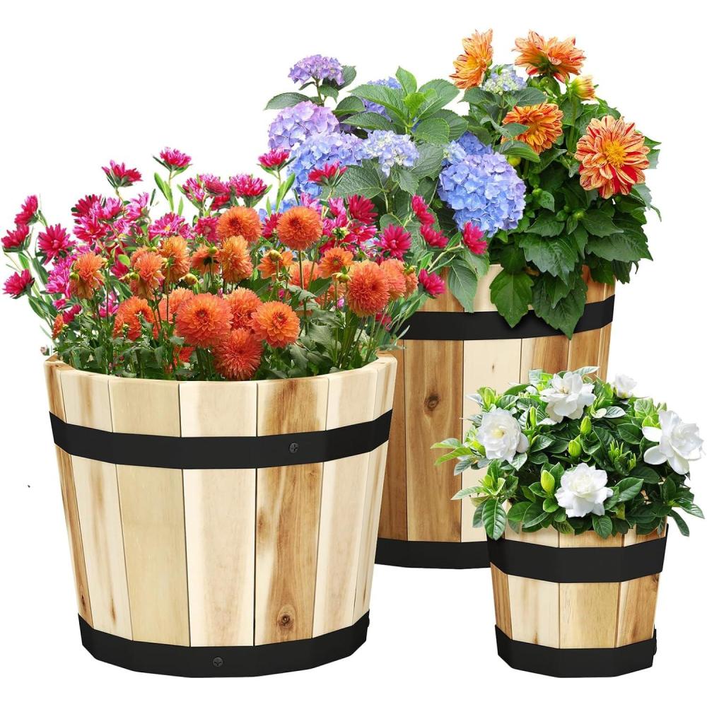 image:imageGiantex Set of 3 Barrel Planters Outdoor Acacia Wood Raised Garden Bed for Flower Vegetable Fruit Whiskey Bucket Shape Planter Boxes in Different Sizes for Patio Porch Balcony Yard NaturalNatural