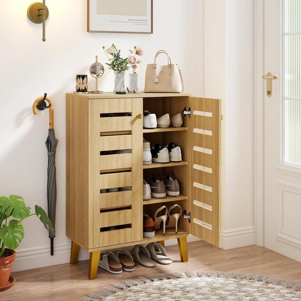image:imageGiantex Shoe Cabinet with Doors 4Tier Freestanding Shoe Rack Cabinet wVentilated Slatted Doors amp Adjustable Shelves Modern Wooden Shoe Storage Cabinet for Entryway Hallway Closet Living RoomSlatted Door