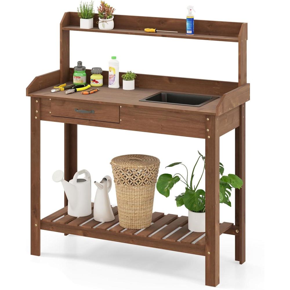 image:imageGiantex Wood Potting Bench Table Garden Work Bench Station wRemovable Sink Storage Shelves amp Drawer Solid Wood Construction Outdoor Workstation Table for Porch Patio Backyard BrownBrown