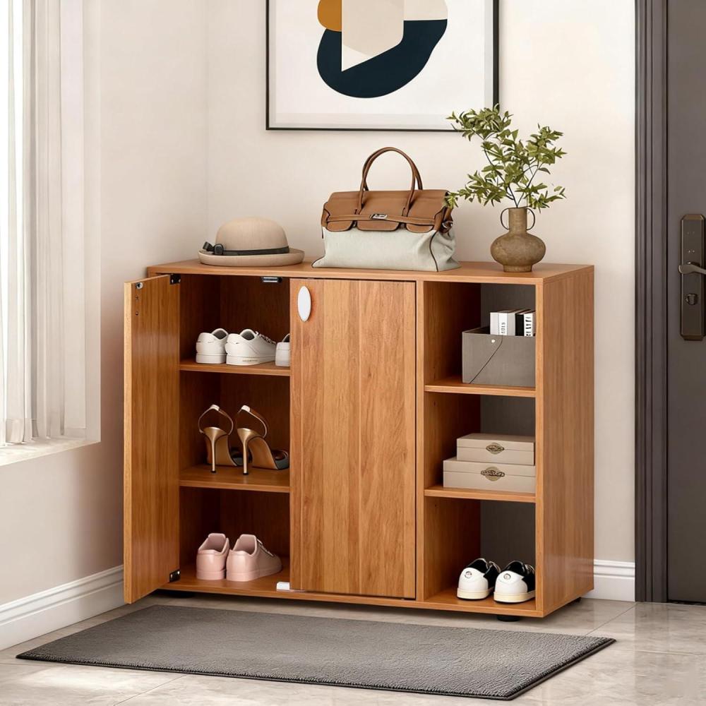 image:imageGiantex Wood Shoe Cabinet with Doors Freestanding Shoe Rack Cabinet with 3Level Adjustable Open Shelves Modern Wooden Shoe Storage Cabinet for Entryway Hallway Closet Living Room NaturalNatural