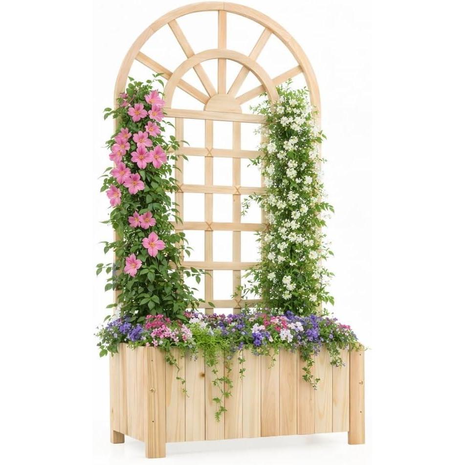 image:imageGiantex Wooden Raised Garden Bed with Arched Trellis 48 Fir Wood Outdoor Elevated Planter Box Privacy Screen with Drainage Holes Vertical Garden Bed for Climbing Plants Patio Balcony BackyardNatural