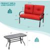 Giantex Patio Loveseat with Coffee Table Outdoor Bench with Cushion and Metal Frame, Loveseat Porch Furniture Set Sofa for Garden, Yard, Patio or Poolside (Light Beige & Black)(Red & Black)