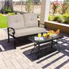 Giantex Patio Loveseat with Coffee Table Outdoor Bench with Cushion and Metal Frame, Loveseat Porch Furniture Set Sofa for Garden, Yard, Patio or Poolside (Light Beige & Black)(Light Beige & Black)