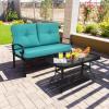 Giantex Patio Loveseat with Coffee Table Outdoor Bench with Cushion and Metal Frame, Loveseat Porch Furniture Set Sofa for Garden, Yard, Patio or Poolside (Light Beige & Black)(Turquoise & Black)
