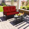Giantex Patio Loveseat with Coffee Table Outdoor Bench with Cushion and Metal Frame, Loveseat Porch Furniture Set Sofa for Garden, Yard, Patio or Poolside (Light Beige & Black)(Deep Red & Black)