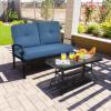 Giantex Patio Loveseat with Coffee Table Outdoor Bench with Cushion and Metal Frame, Loveseat Porch Furniture Set Sofa for Garden, Yard, Patio or Poolside (Light Beige & Black)(Blue & Black)