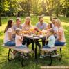 Giantex Picnic Table Set for Up to 8 Persons, Round Outdoor Table and Bench Set with Umbrella Hole, HDPE Top & Metal Frame, 2000LBS Capacity, Patio Table Bench for Deck Backyard Garden (Green)(Coral Reef)