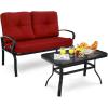 Giantex Patio Loveseat with Coffee Table Outdoor Bench with Cushion and Metal Frame, Loveseat Porch Furniture Set Sofa for Garden, Yard, Patio or Poolside (Light Beige & Black)(Deep Red & Black)