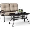 Giantex Patio Loveseat with Coffee Table Outdoor Bench with Cushion and Metal Frame, Loveseat Porch Furniture Set Sofa for Garden, Yard, Patio or Poolside (Light Beige & Black)(Beige & Black)