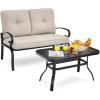 Giantex Patio Loveseat with Coffee Table Outdoor Bench with Cushion and Metal Frame, Loveseat Porch Furniture Set Sofa for Garden, Yard, Patio or Poolside (Light Beige & Black)(Light Beige & Black)