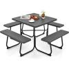 Giantex Picnic Table Set for Up to 8 Persons, Round Outdoor Table and Bench Set with Umbrella Hole, HDPE Top & Metal Frame, 2000LBS Capacity, Patio Table Bench for Deck Backyard Garden (Green)(Black)