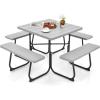 Giantex Picnic Table Set for Up to 8 Persons, Round Outdoor Table and Bench Set with Umbrella Hole, HDPE Top & Metal Frame, 2000LBS Capacity, Patio Table Bench for Deck Backyard Garden (Green)(Grey)