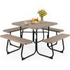 Giantex Picnic Table Set for Up to 8 Persons, Round Outdoor Table and Bench Set with Umbrella Hole, HDPE Top & Metal Frame, 2000LBS Capacity, Patio Table Bench for Deck Backyard Garden (Green)(Coral Reef)