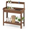 Giantex Wood Potting Bench Table, Garden Work Bench Station w/Removable Sink, Storage Shelves & Drawer, Solid Wood Construction, Outdoor Workstation Table for Porch, Patio, Backyard (Brown)(Brown)