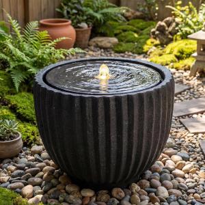 Giantex 18″ Round Outdoor Water Fountain with 6 LED Lights, Stone Gray Resin Sphere Waterfall Feature with Adjustable Pump, Lighted Bubbling Fountain for Garden Patio Porch Decor (18″ Dia. x 9.5″ H)(17.5″ Dia. x 14″ H)