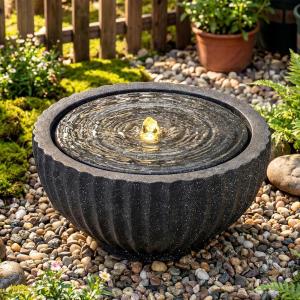 Giantex 18″ Round Outdoor Water Fountain with 6 LED Lights, Stone Gray Resin Sphere Waterfall Feature with Adjustable Pump, Lighted Bubbling Fountain for Garden Patio Porch Decor (18″ Dia. x 9.5″ H)(18″ Dia. x 9.5″ H)