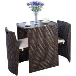 Giantex 3 PCS Cushioned Outdoor Wicker Patio Set Convention Bistro Set Garden Lawn Space Saving Conversation Sofa Furniture No Assembly (Brown)(Brown)
