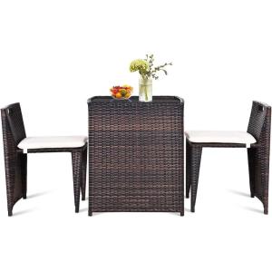 Giantex 3 PCS Cushioned Outdoor Wicker Patio Set Convention Bistro Set Garden Lawn Space Saving Conversation Sofa Furniture No Assembly (Brown)(Light Brown)