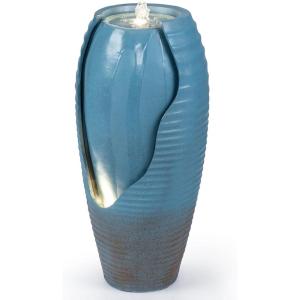 Giantex 32″ Outdoor Jar Water Fountain with LED Lights, Vintage Blue Cracked Jar Design, Cascading Waterfall with Adjustable Pump, Resin Patio Water Feature for Garden, Balcony, Porch, Indoor Decor