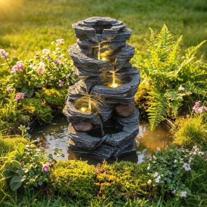 Giantex 32” Water Fountain Outdoor, 4-Tier Cascading Bowls Waterfall Fountain with Warm LED Lights & Pump, Outside Zen Water Feature for Patio, Balcony, Deck, Garden, Yard Decor(18” (5-Tier))