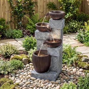 Giantex 32” Water Fountain Outdoor, 4-Tier Cascading Bowls Waterfall Fountain with Warm LED Lights & Pump, Outside Zen Water Feature for Patio, Balcony, Deck, Garden, Yard Decor(32” (4-Tier))