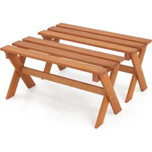 Giantex 36″ Wood Outdoor Bench, Backless Patio Bench with Slatted Seat & Solid Wood Frame, Teak Oil Coating, 660 lbs Capacity, Outside Wooden Garden Bench for Patio, Porch, Park, Entryway(2)