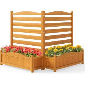 Giantex 3-Panel Air Conditioner Fence with Planter Box, 40”H No-Dig Wooden Privacy Screen for AC Unit, Trash Can & Pool Equipment Enclosure, Slatted Outdoor Garden Fence for Patio, Backyard(2 Panels (34″W x 40″H))