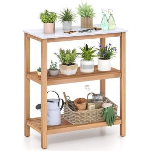 Giantex 3-Tier Outdoor Potting Bench, Acacia Wood Planting Workstation with Faux Marble Tabletop, Open Storage Shelves, 300LBS Capacity, Garden Potting Table for Horticulture