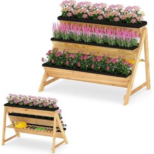 Giantex 3-Tier Vertical Raised Garden Bed, Wood Elevated Planter Box with Legs, Storage Shelf, Liners for Growing Vegetables Herbs Flowers, Indoor Outdoor Freestanding Raised Bed for Patio (Natural)(46”x29”x31.5”)