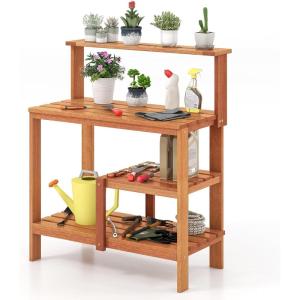 Giantex 4-Tier Potting Bench, Solid Wood Gardening Workstation w/Open Storage Shelves, Teak Oil Finish, Outdoor Potting Table for Garden, Yard, Balcony, Easy Assembly, Natural