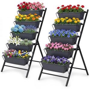Giantex 5-Tier Vertical Garden Planter, Raised Garden Bed w/Drainage System & Removable Tray, Metal Frame Elevated Planter Boxes for Herb Vegetable Flower Grow, Outdoor Indoor Patio Balcony Backyard(2)