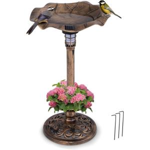 Giantex Bird Bath for Outside, 30 inch Solar Lighted Bird Bath and Feeder with Flower Planter, Lotus Leaf Water Bowl, 3 Stakes, Vintage Birdbath Outdoor Decoration for Garden Yard Lawn Patio (Bronze)(Bronze)