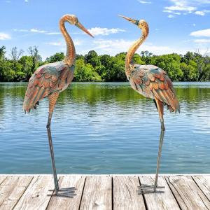 Giantex Flamingo Garden Statues Set of 2, Standing Metal Flamingo Sculptures Bird Ornament Yard Decorations for Lawn Backyard Porch Patio Outdoor Decor, with 4 U-Shaped Stakes (Flamingo)(Crane)