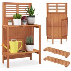 Giantex Folding Potting Bench, 2-Tier Gardening Workstation w/Storage Shelves, Wood Outdoor Potting Table for Garden, Yard, Balcony, Easy Assembly, Natural