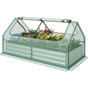 Giantex Galvanized Steel Raised Garden Bed with Mini Greenhouse, Outdoor Metal Planter Box Kit with Large Roll-up PVC Cover, 71″x 35.5″x 36″ Planter Raised Bed for Growing Flower Herb Vegetable Fruit(Green & Silver)
